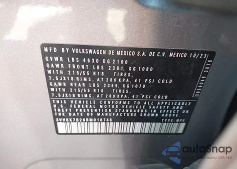 2024 Volkswagen Taos 1.5T S z USA, uszkodzony, nr VIN 3VV8X7B26RM018746